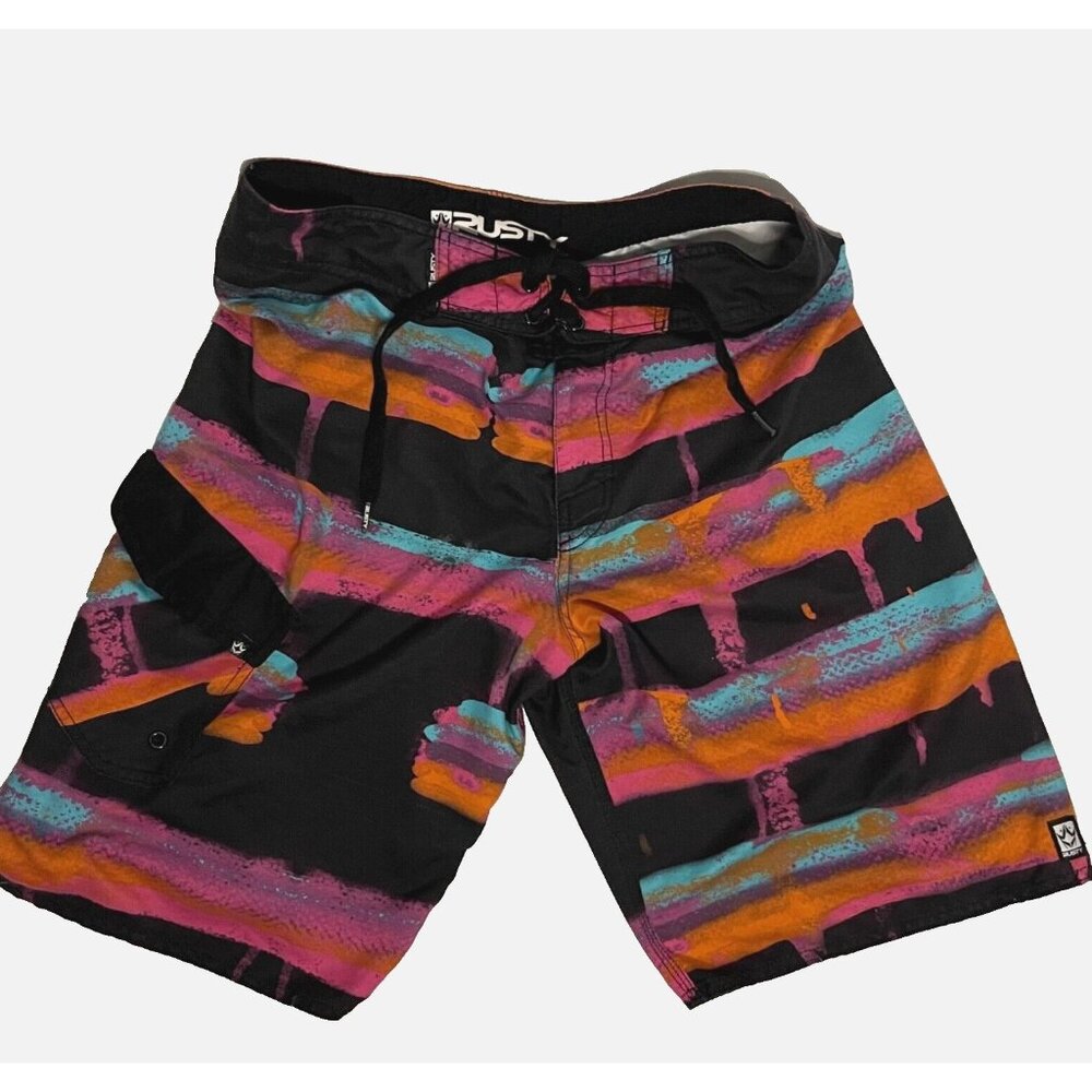 Rusty Multi Color sz 30 Black w Neon Watercolor Stripes Board Shorts Swim Surf